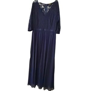 Missmay Lace Maxi Dress SZ XL Navy Blue 3/4 Sleeve V-Neck Formal Chiffon Gown
